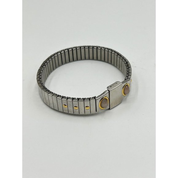 Vintage Stainless Steel Stretch Bracelet Gold & Pink Quartz Accents One Size - Picture 6 of 7